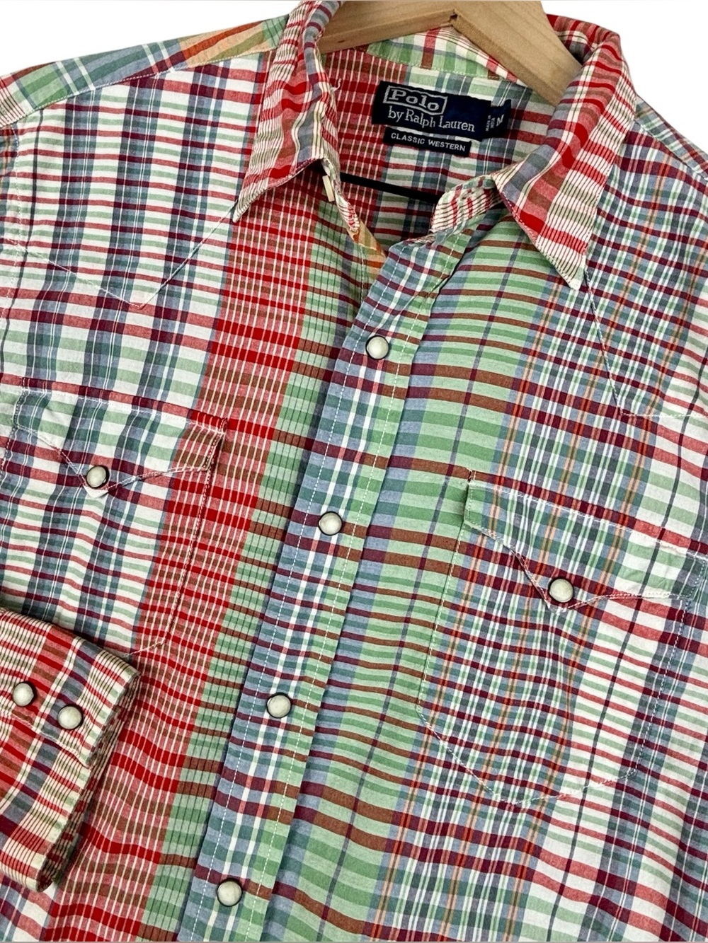 Polo Ralph Lauren Vintage Classic Western Shirt Plaid Pearl Snap Mens Medium